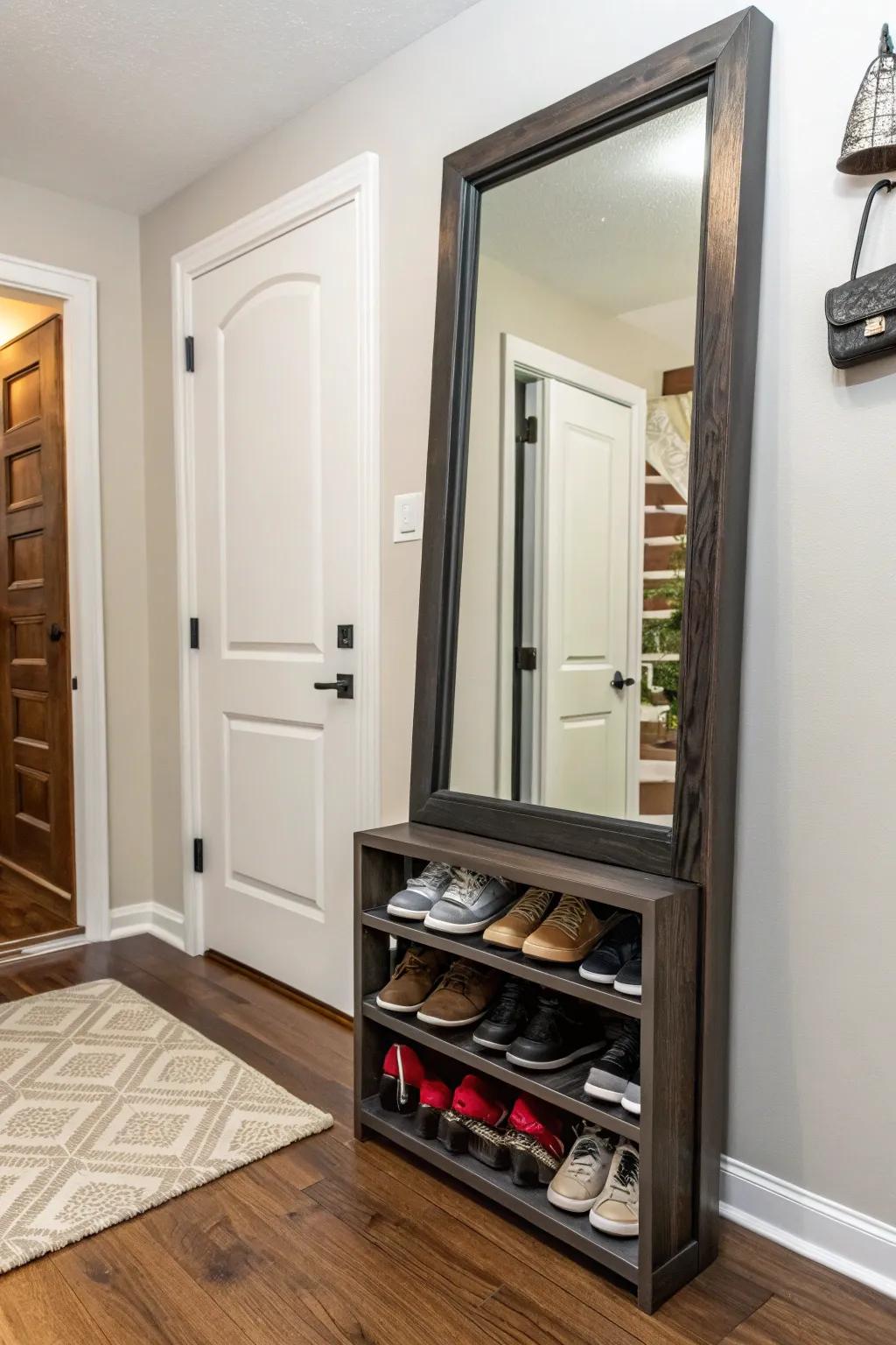 A practical entryway solution with a full-length mirror and shoe rack.