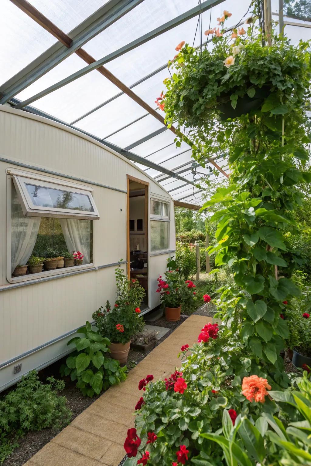 A greenhouse extension filled with plants, offering a lush, green retreat connected to the mobile home.