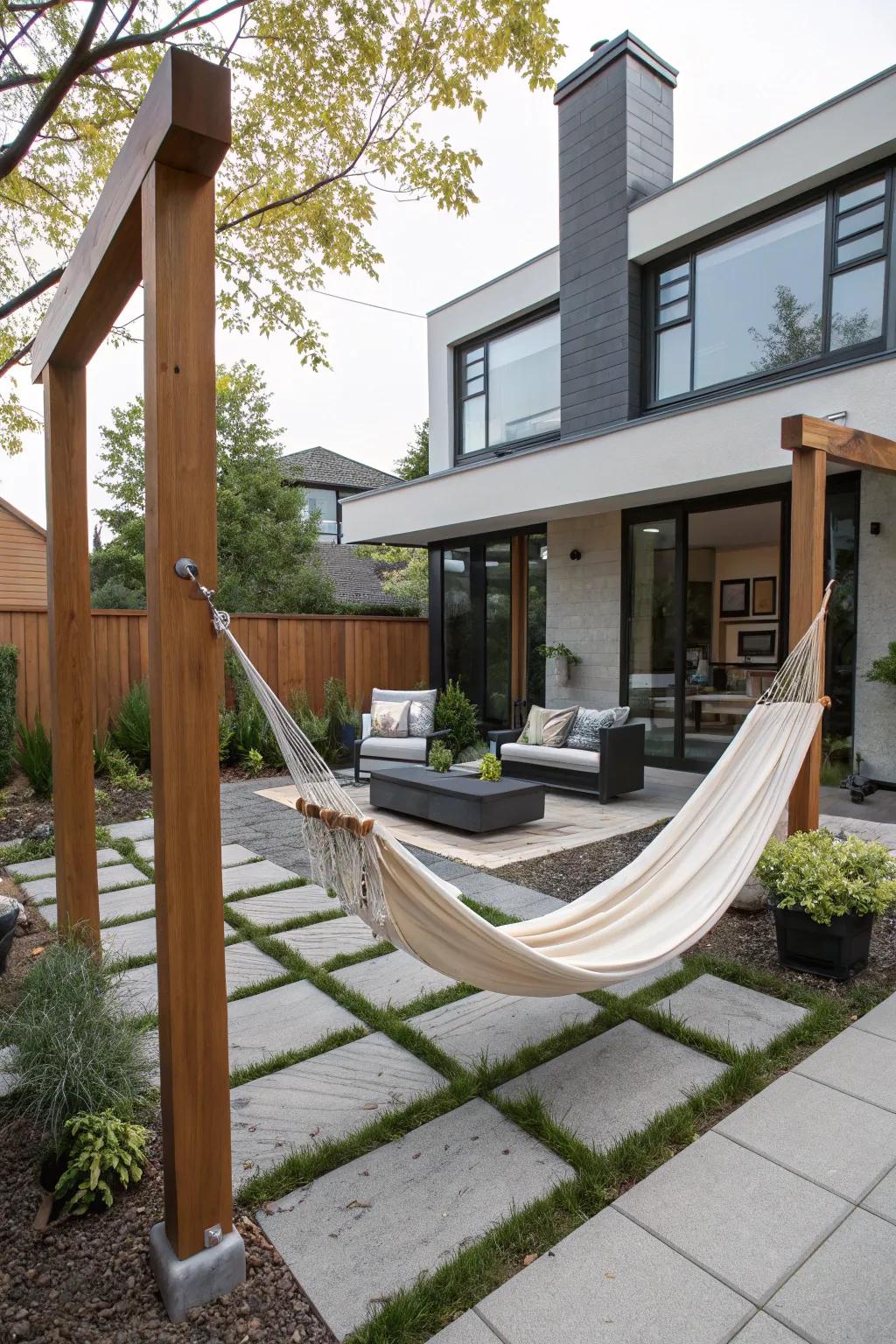 A serene hammock haven in a modern, grass-free backyard.