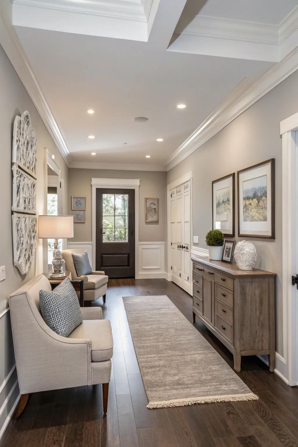 Neutral colors create a sophisticated and calm atmosphere in an entryway.