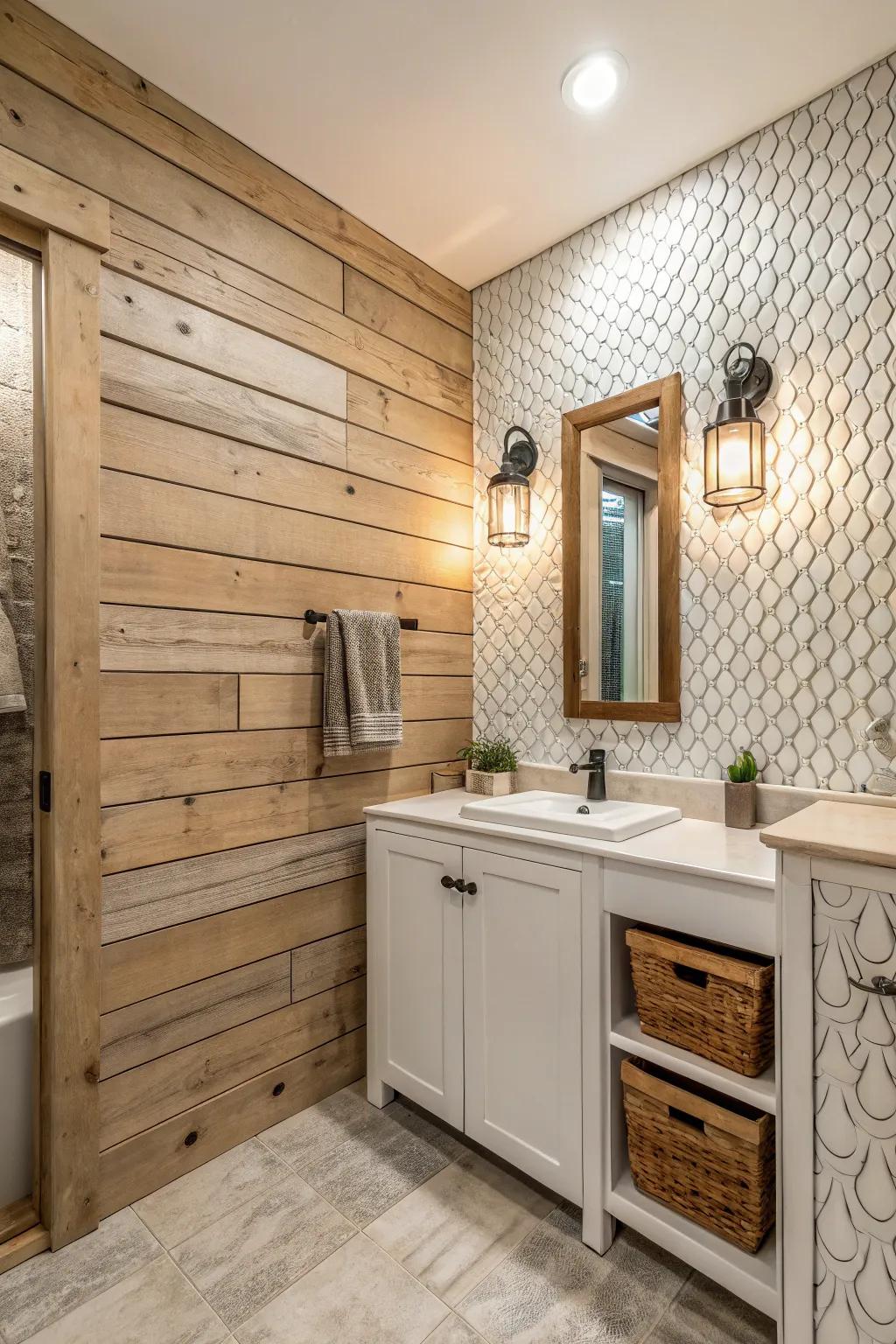 Textured surfaces add depth and interest to this farmhouse bathroom.