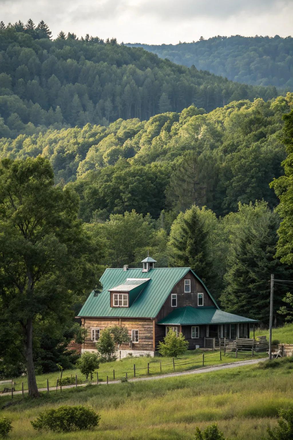 Natural harmony: A green metal roof complements the verdant landscape.