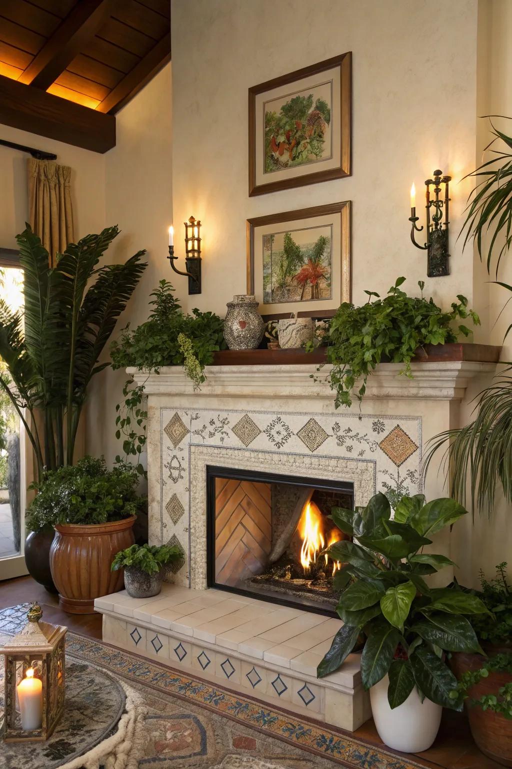 Fireplace adorned with decorative accents.