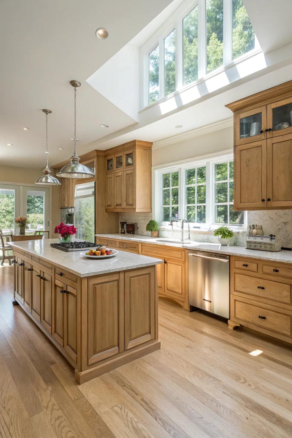 Light flooring enhances the natural beauty of oak cabinets in a modern kitchen.