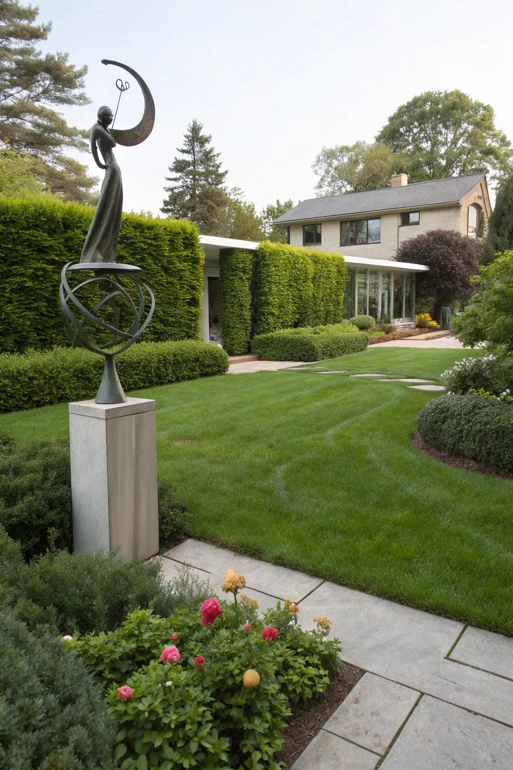 A front yard featuring a modern sculpture that enhances its visual appeal.