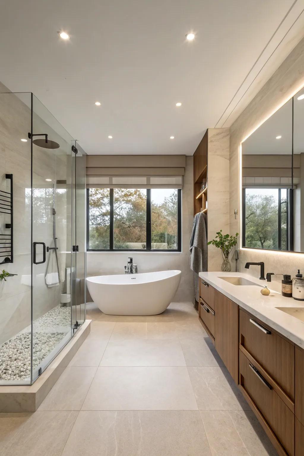 Minimalist décor highlights the elegance of a modern master bathroom.