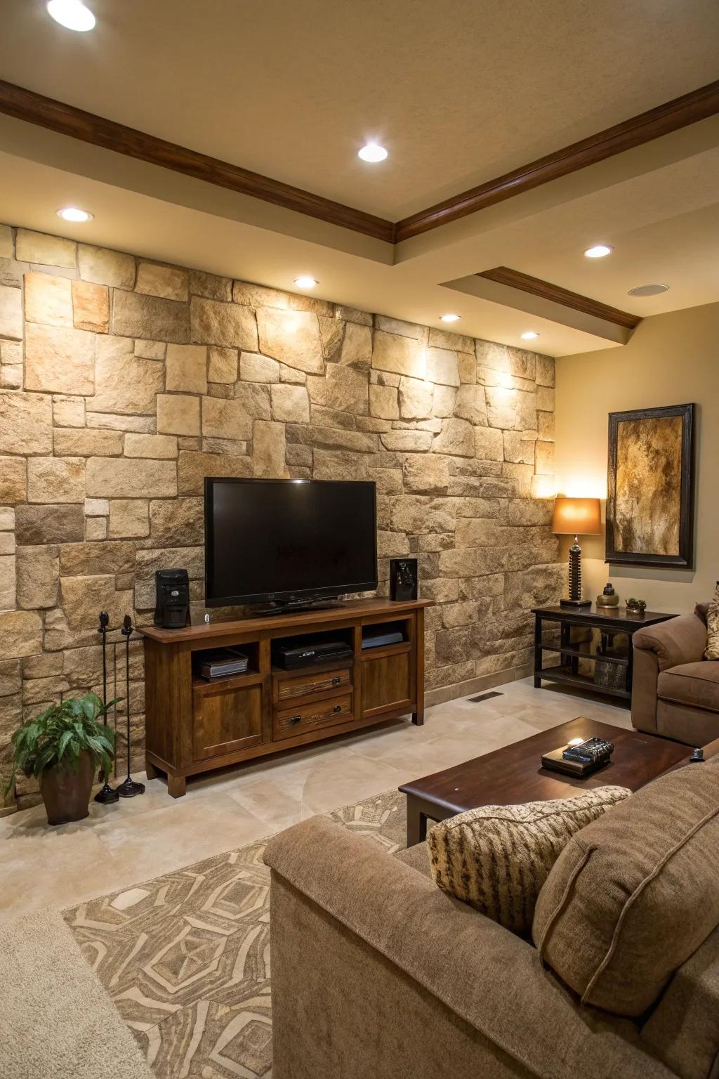 A textured stone backdrop adds depth and visual interest to a media wall.