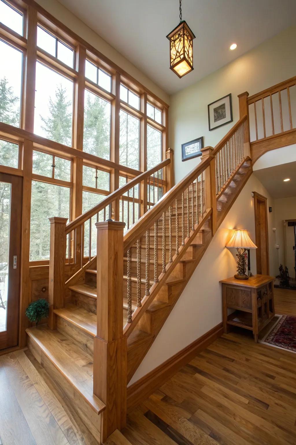 Natural wood railings adding warmth to modern decor.