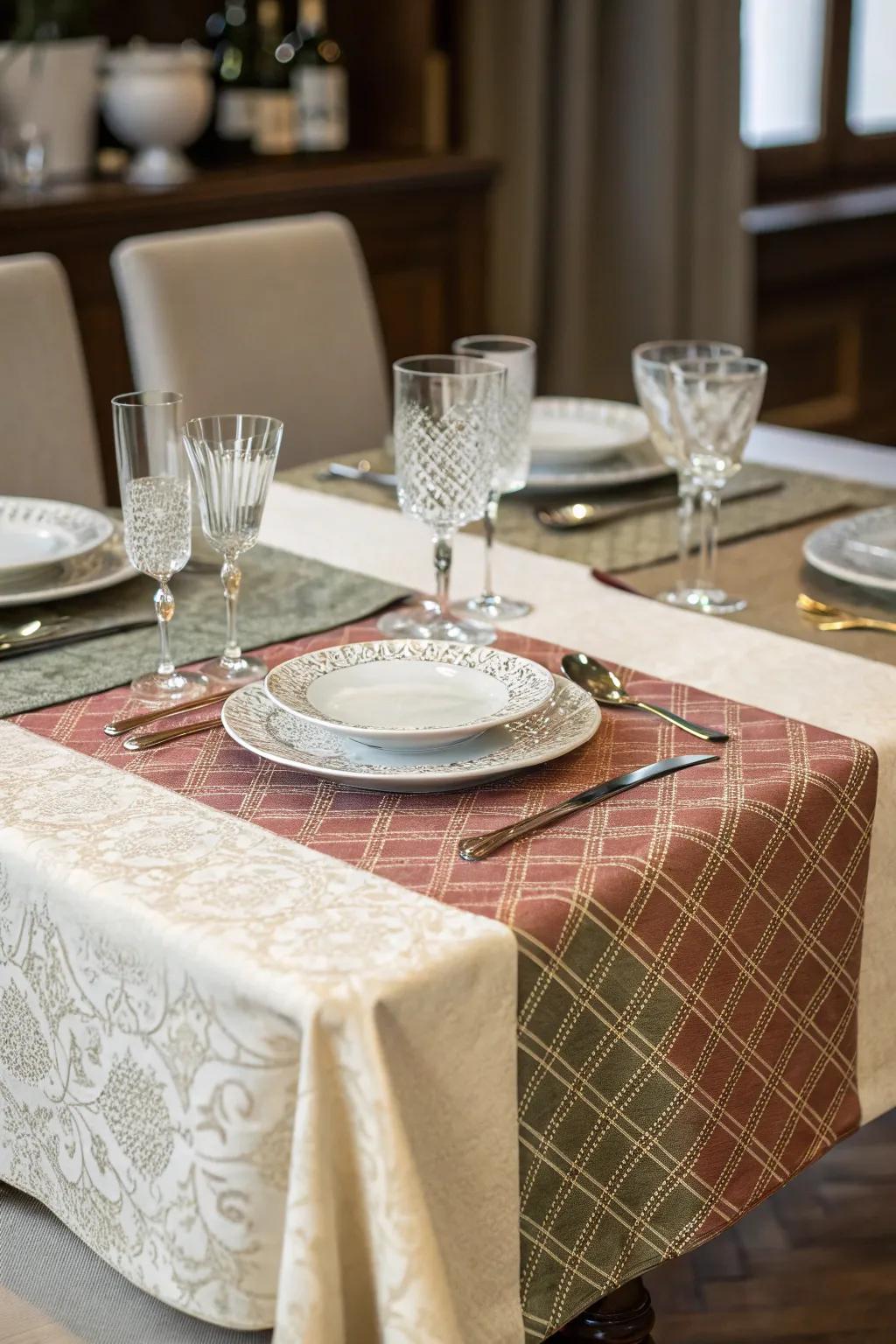 Two-tone textures add depth and contrast to the dining table.