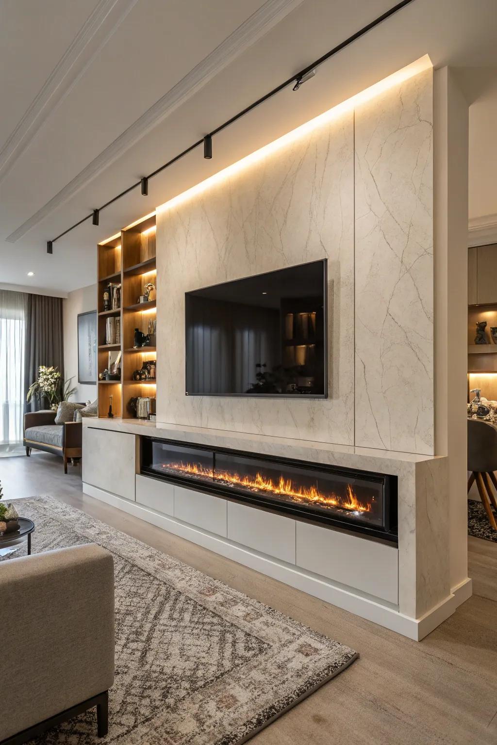 A modern fireplace adds warmth and style to your TV setup.