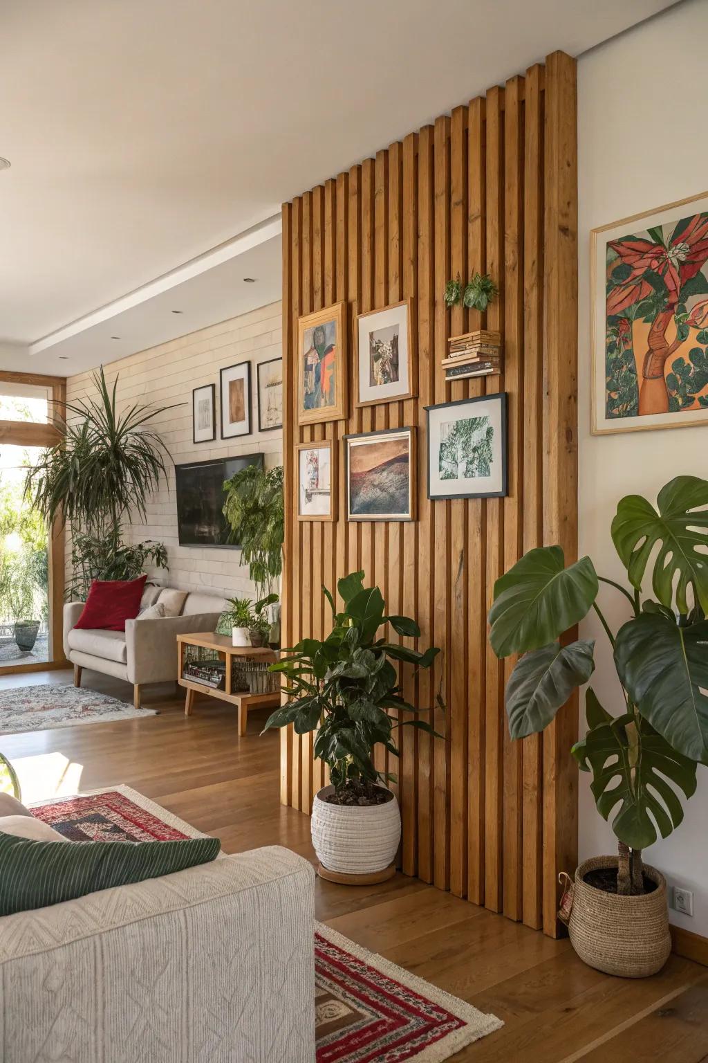 Bring your space to life with art and greenery on a wood slat wall.