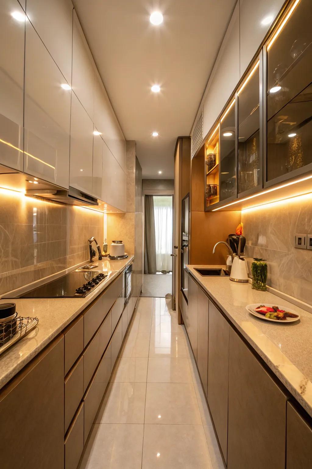 Reflective surfaces add depth and light to a narrow kitchen.