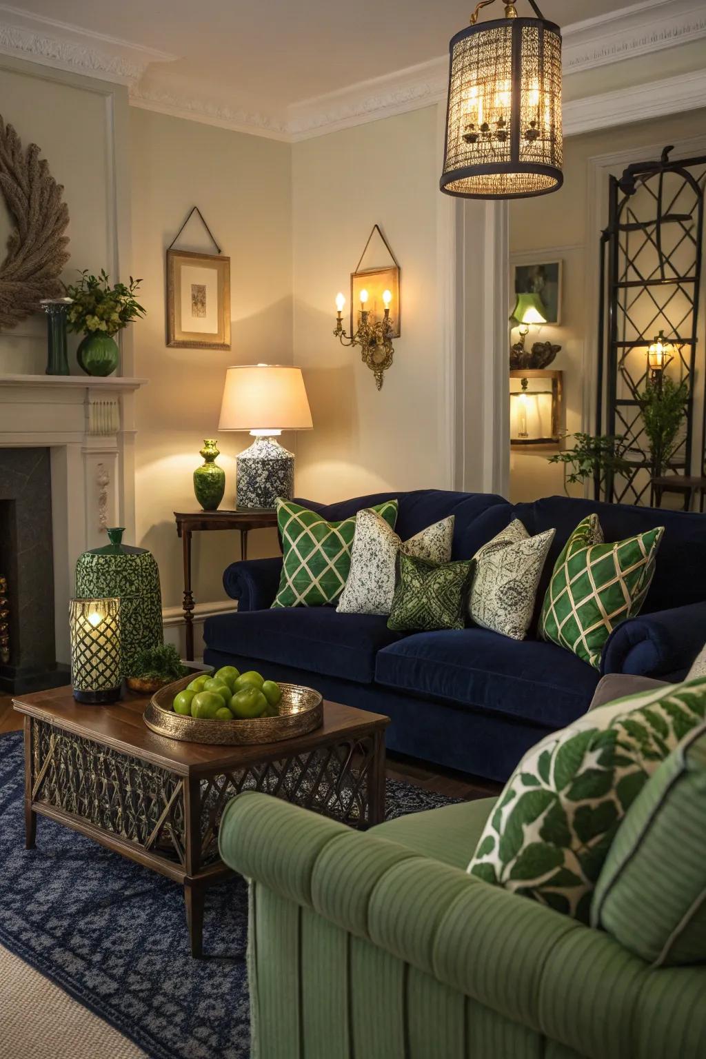 Layered lighting enhances the living room's warmth and coziness.
