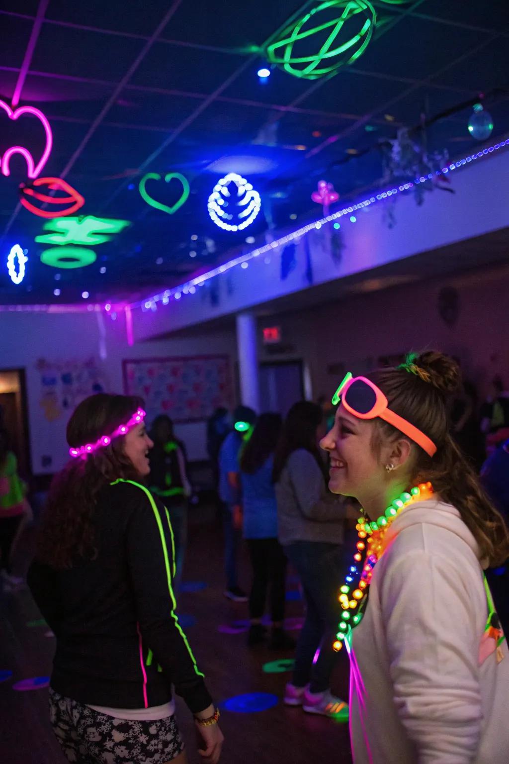 A neon glow party brightens up the night with vibrant colors.