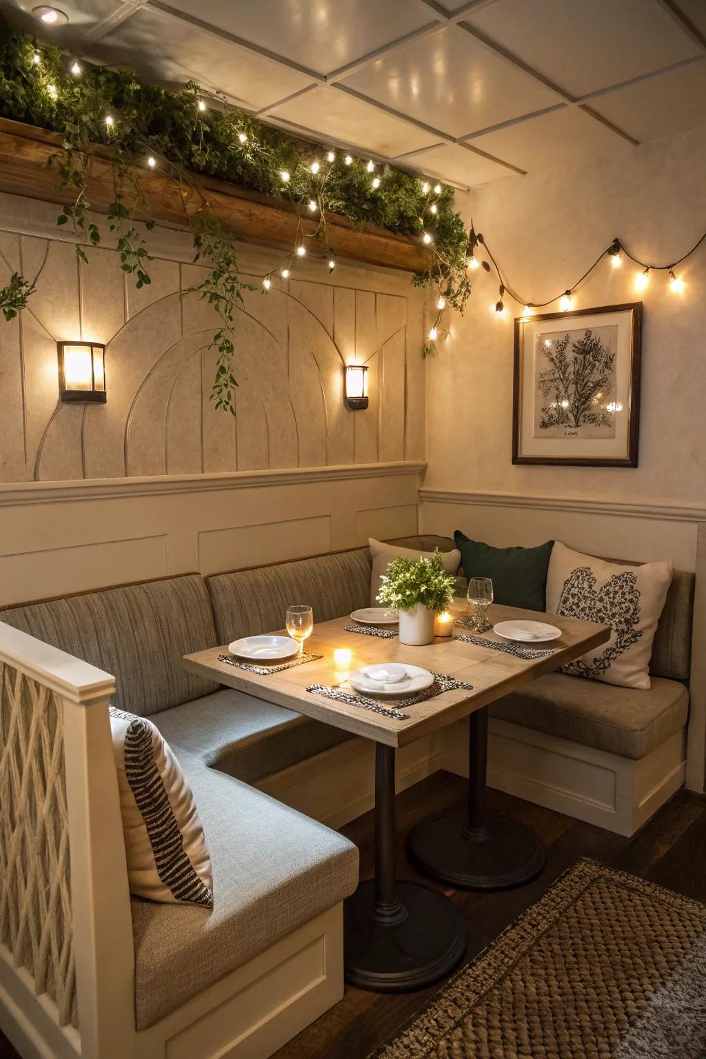 Enjoy meals in a cozy dining nook, complete with built-in seating and a welcoming atmosphere.
