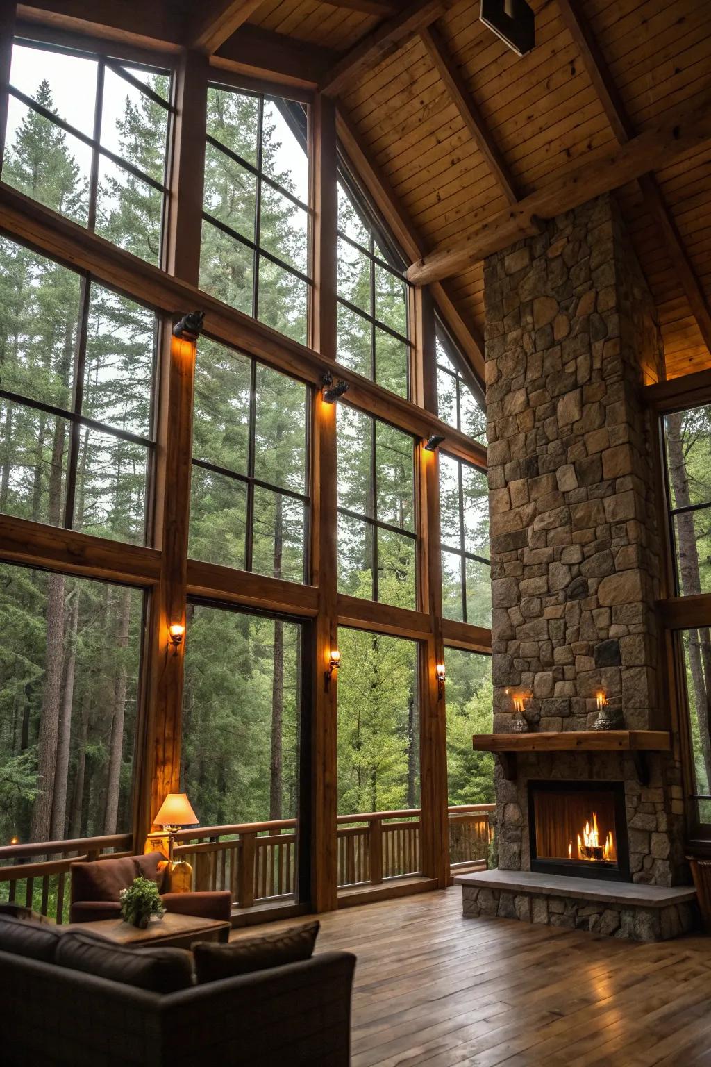 Rustic lodge interior with expansive windows offering a stunning forest view.