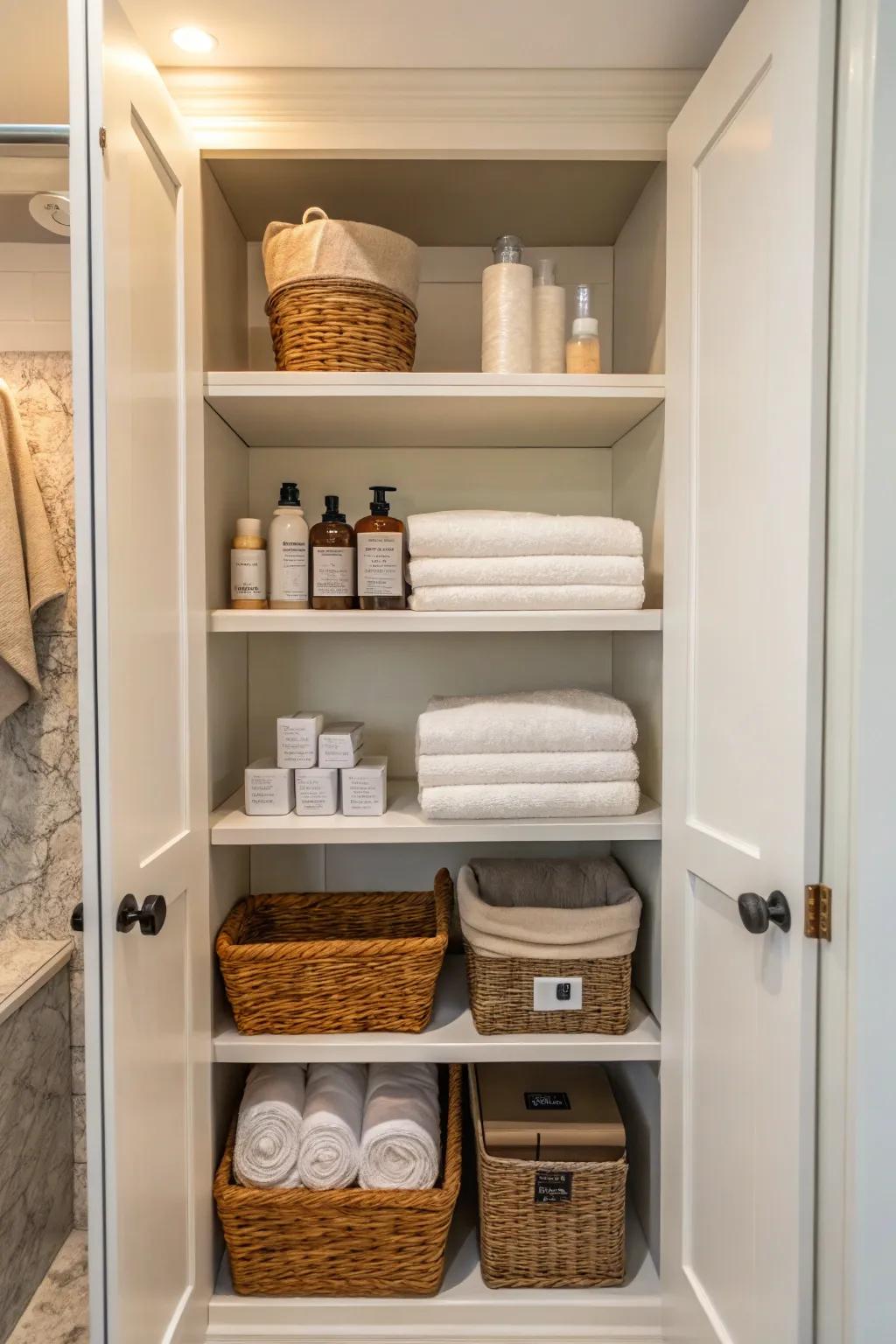 Keep essential toiletries within easy reach on open shelves.