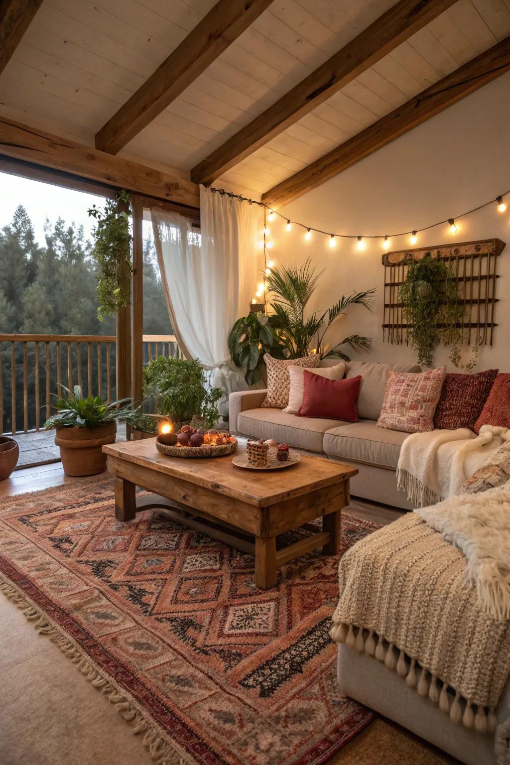 Warm and inviting open space with cozy elements like rugs and cushions.