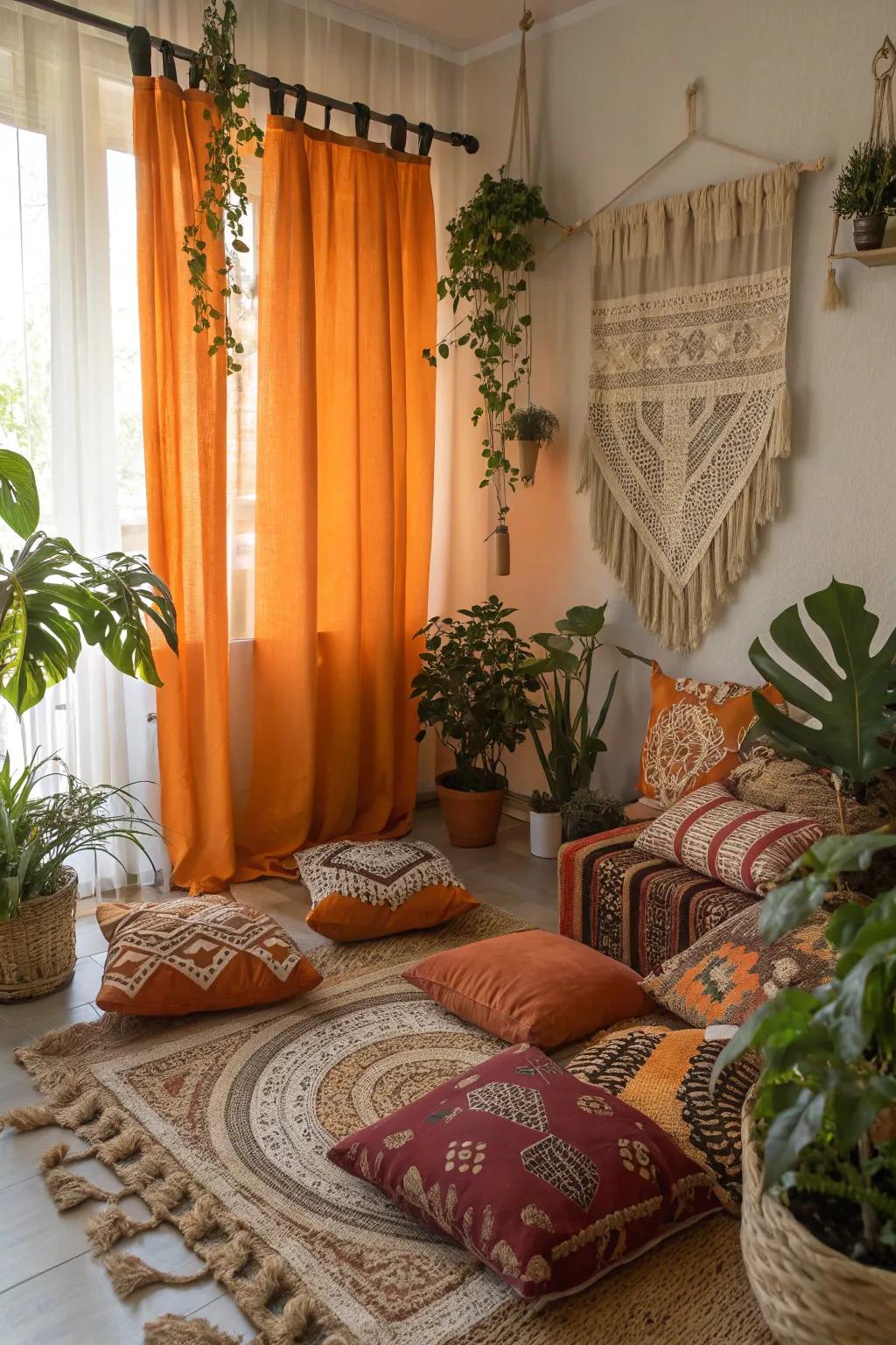 Boho vibes with orange curtains and eclectic decor.