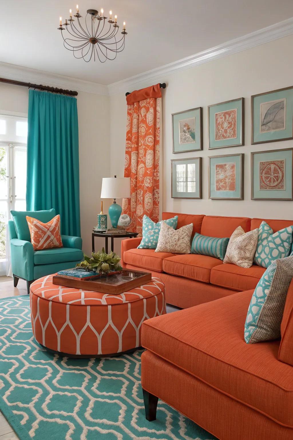 A vibrant living room showcasing a striking orange and teal color combination.