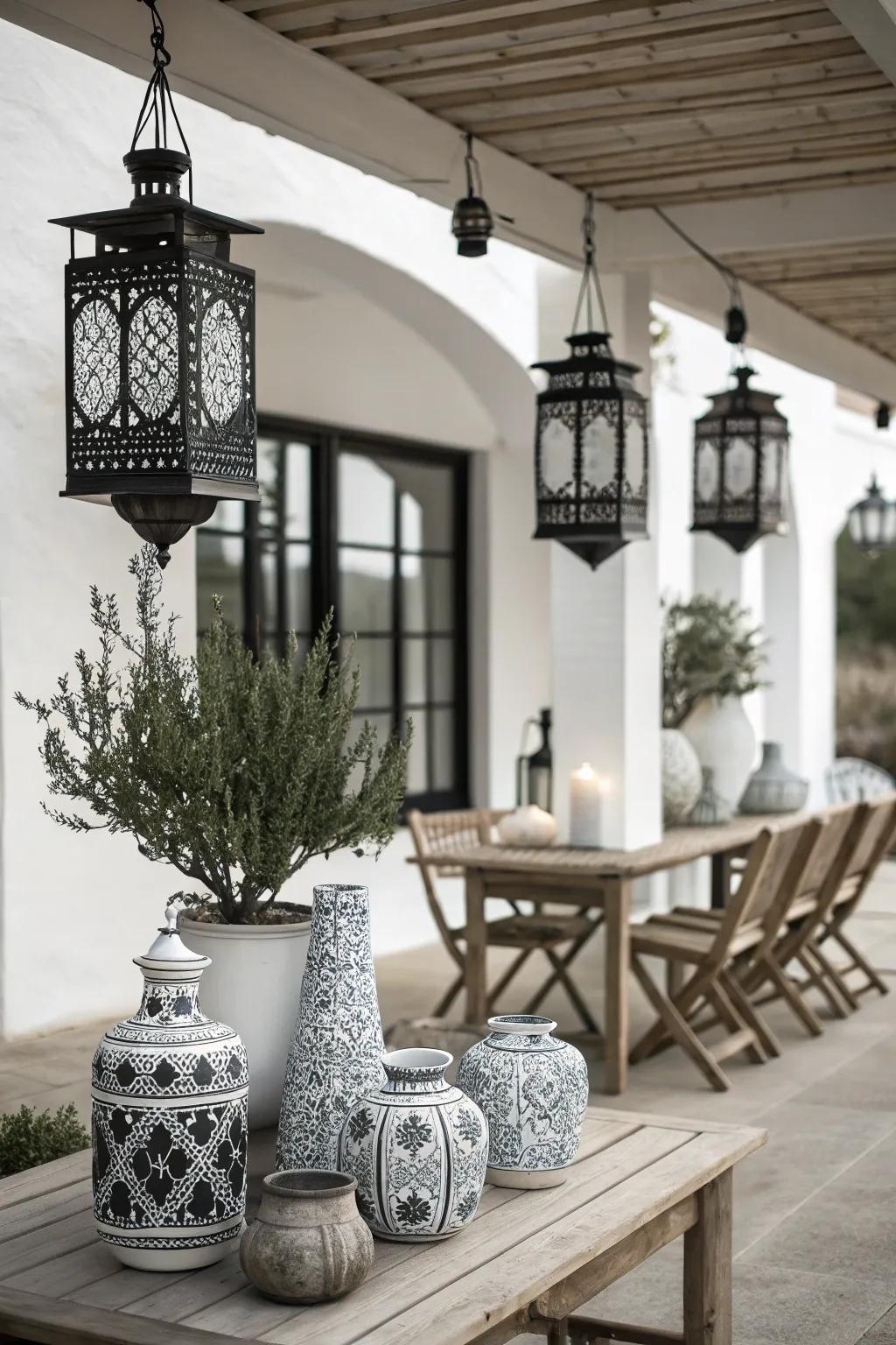 Charming accessories like lanterns and vases enhance this chic patio setting.