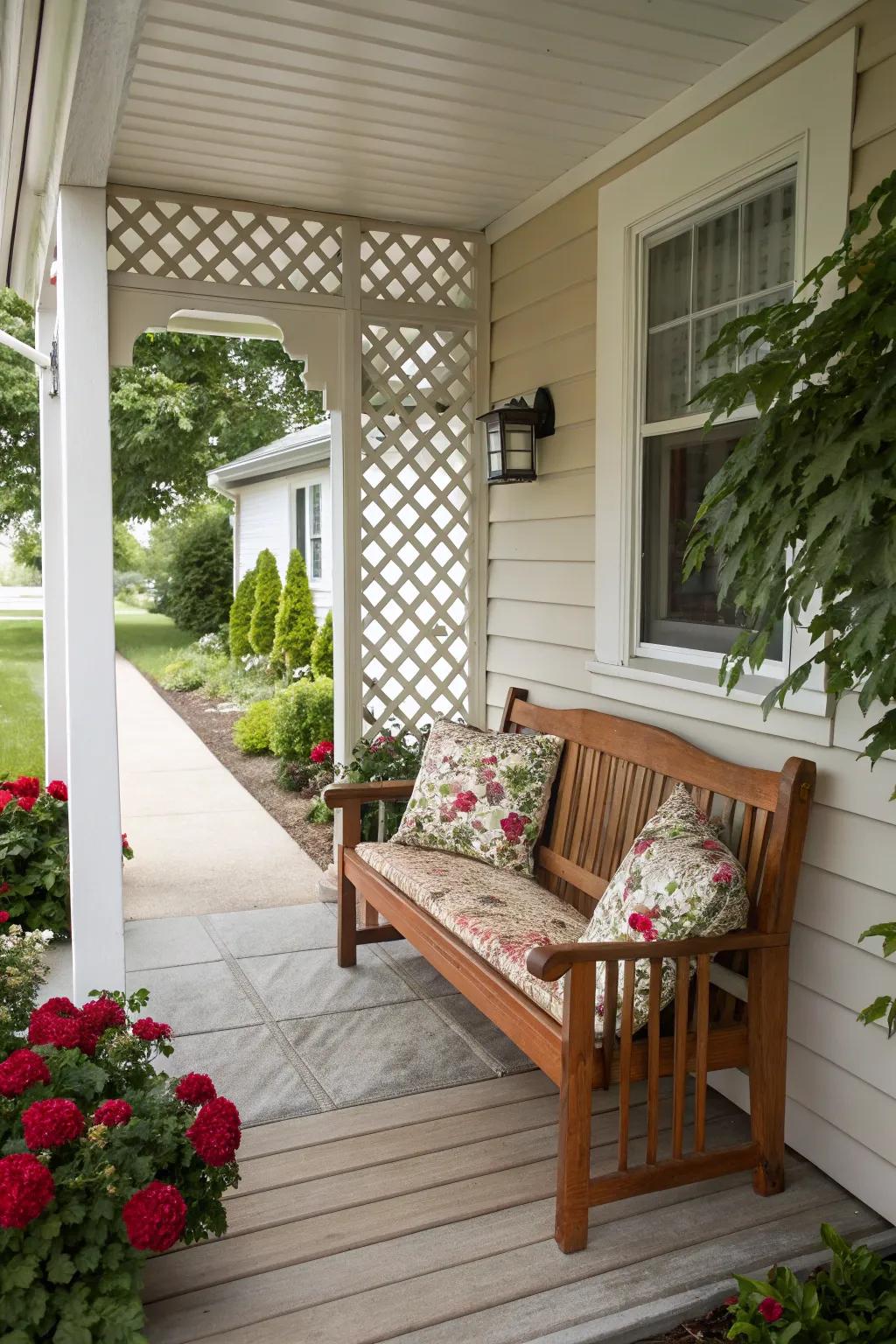 A bench provides a welcoming spot to sit and enjoy the view.