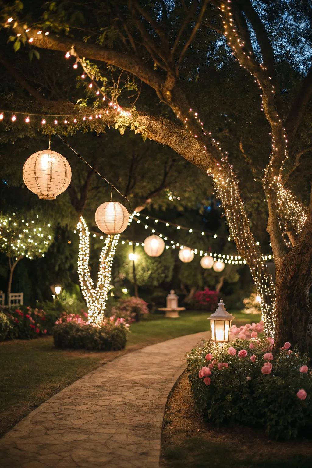 A garden transformed by the warm glow of ambient lighting.