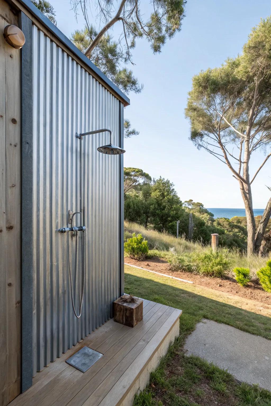 Industrial chic with a corrugated metal shower backdrop.