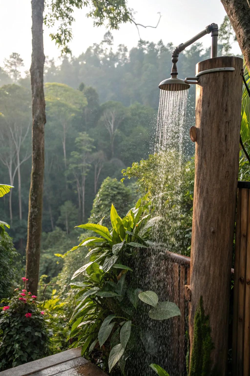 An outdoor shower surrounded by vibrant greenery.