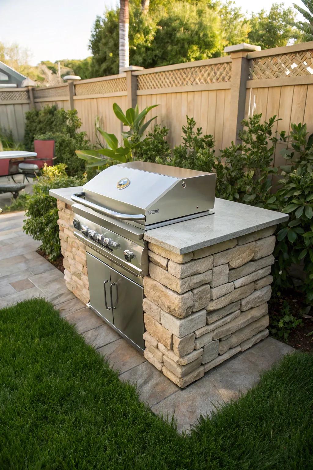 A stacked stone BBQ grill offers a unique blend of rustic and modern design.