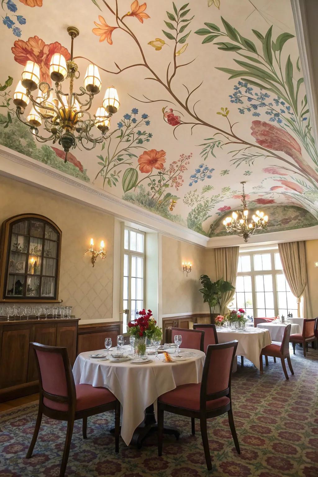 Floral murals introduce a touch of nature to your ceiling decor.