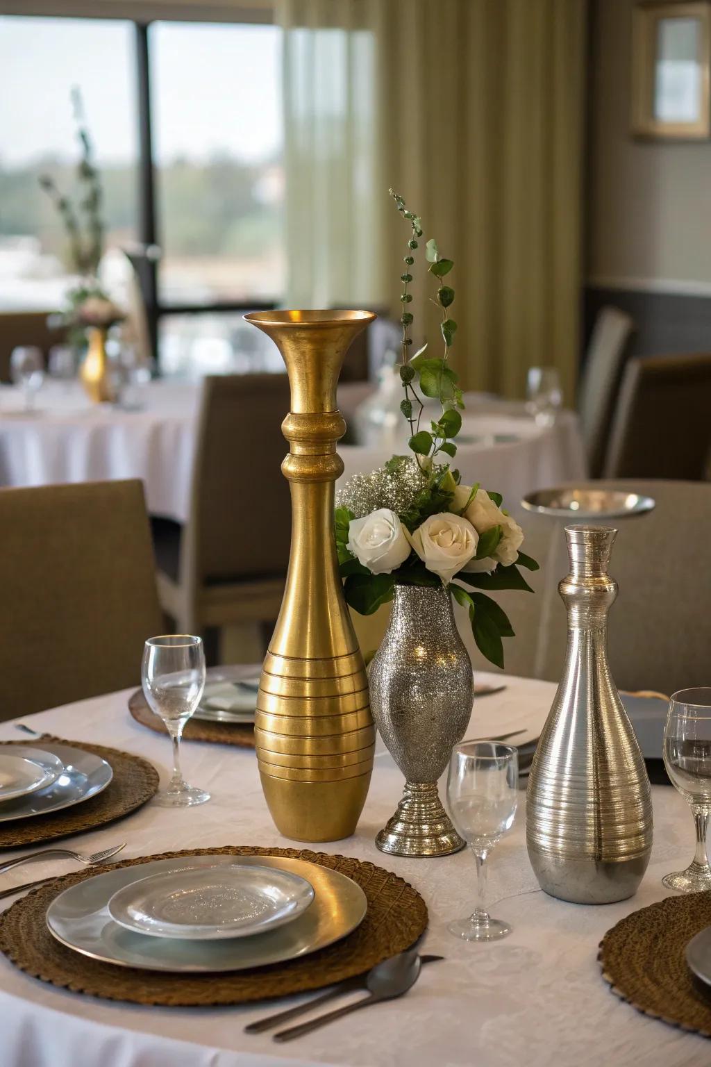 A glamorous metallic centerpiece with gold and silver accents.