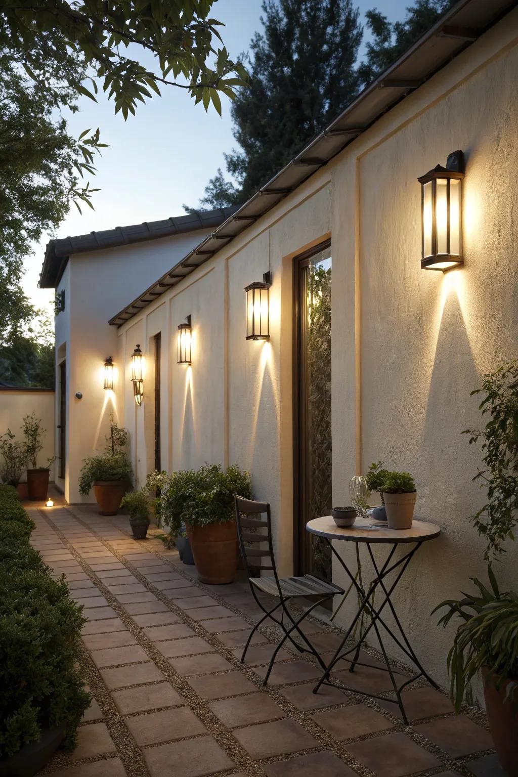 Wall-mounted lights enhance vertical surfaces and complement outdoor spaces.