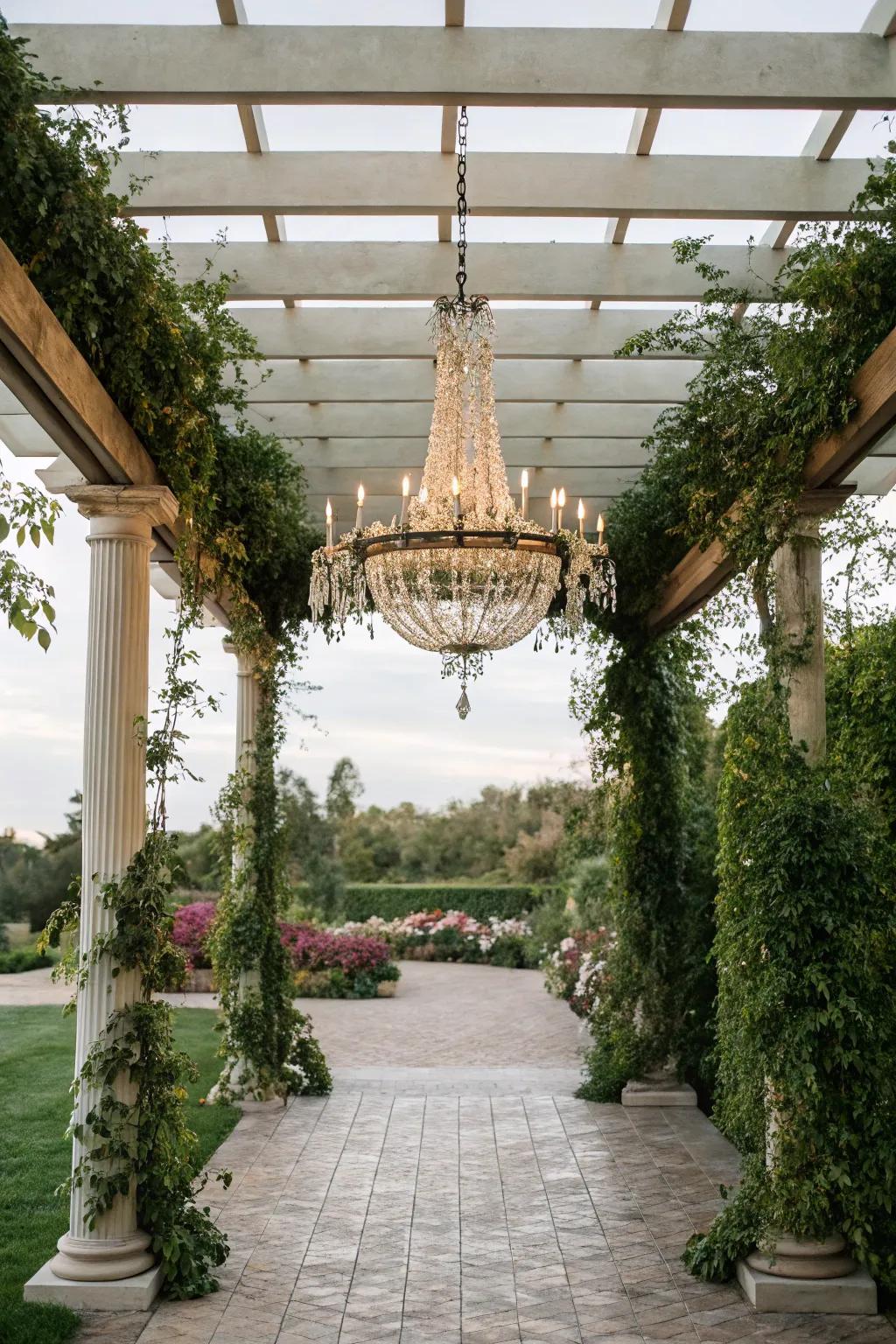 A chandelier adds elegance and style to the pergola.