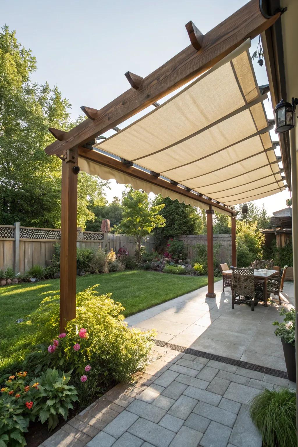 A retractable awning offers flexibility for your pergola area.