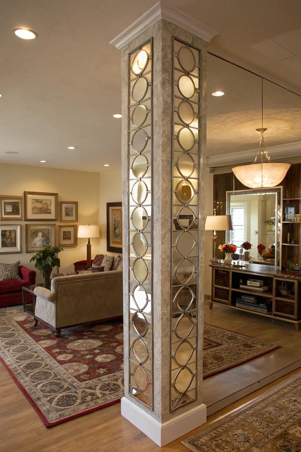 Mirrors on pillars enhance light and space in any room.