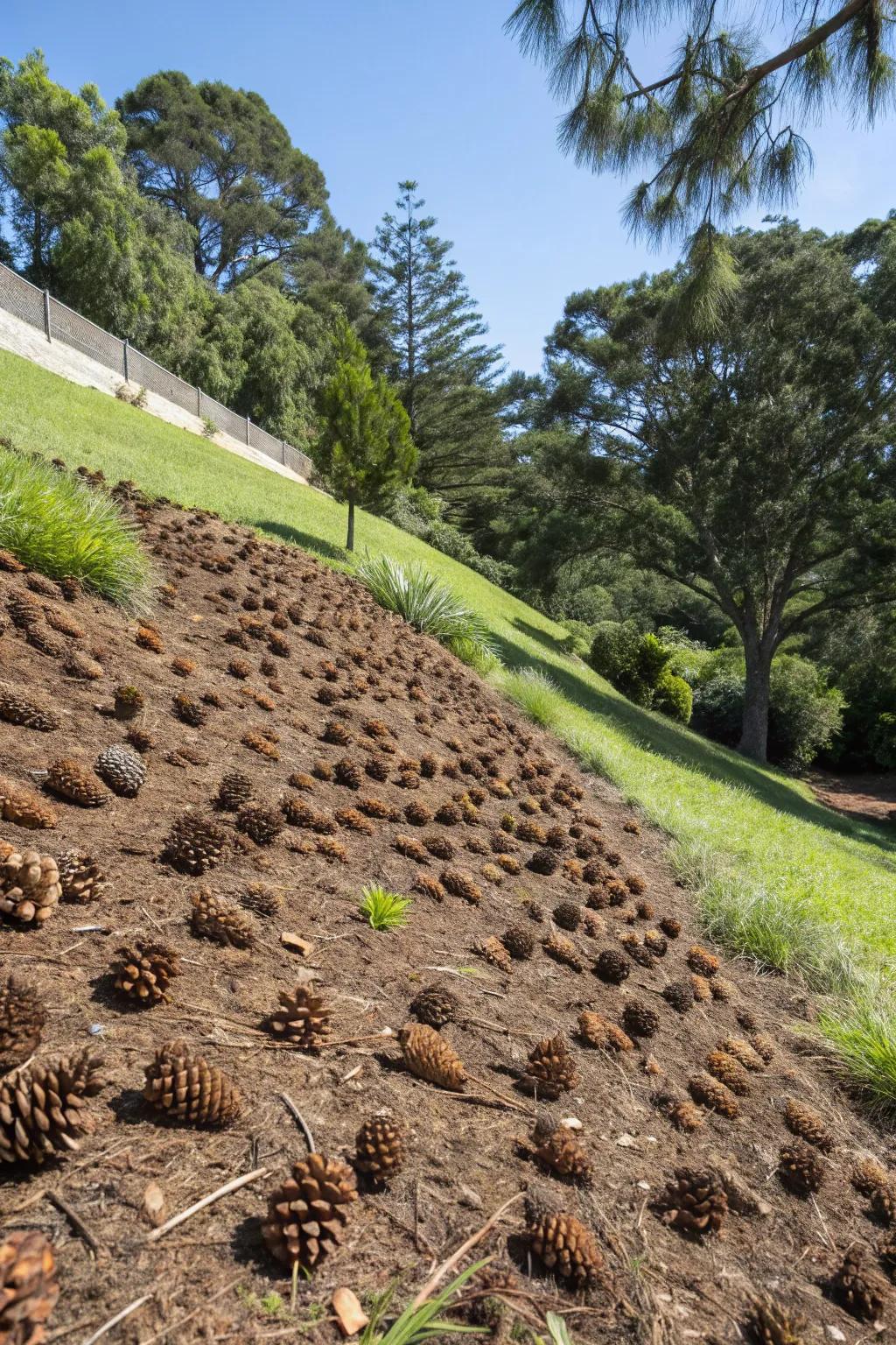 Pinecones effectively control soil erosion on slopes.