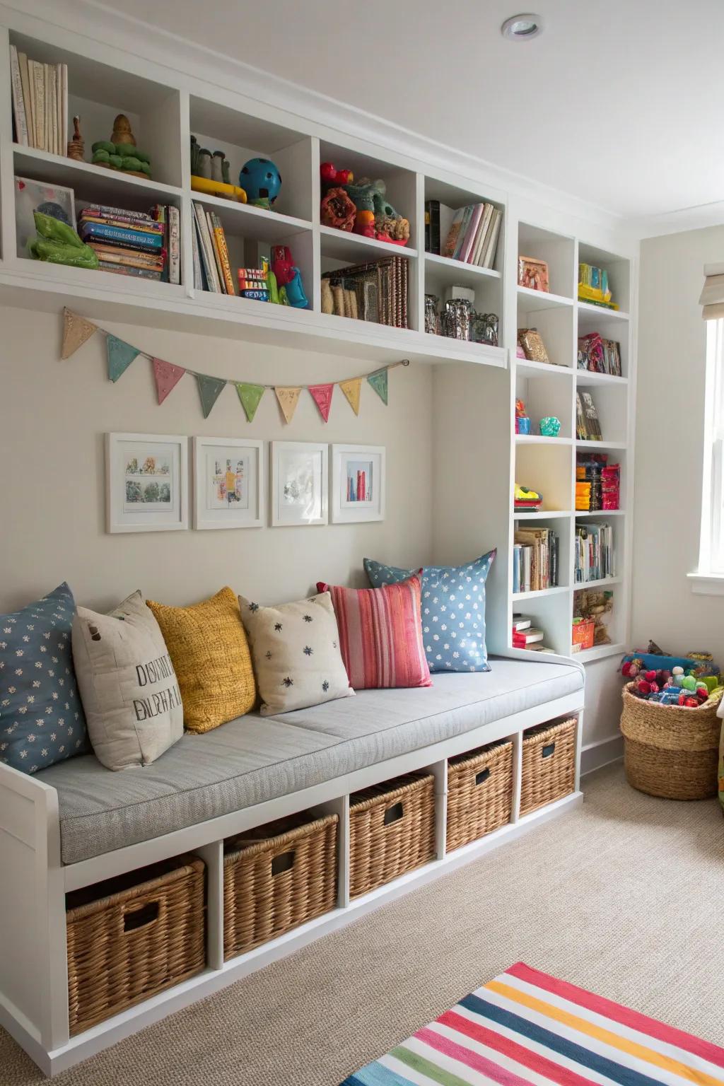 A functional playroom with a built-in storage sofa.