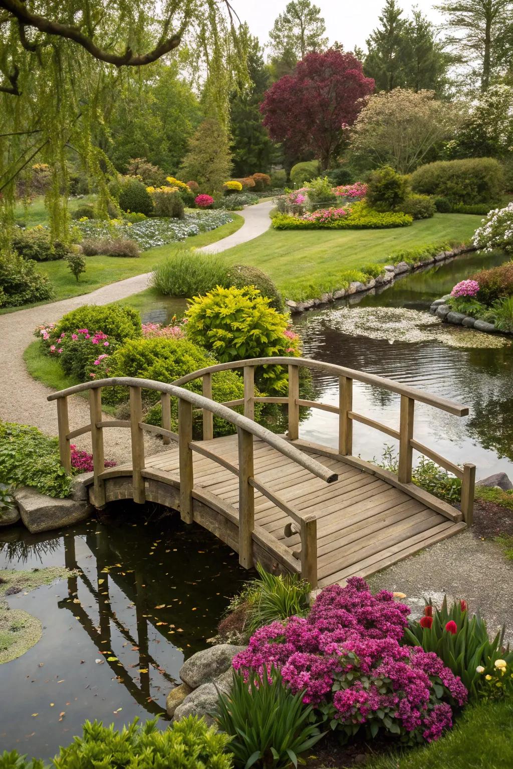 A charming small bridge over a backyard pond.