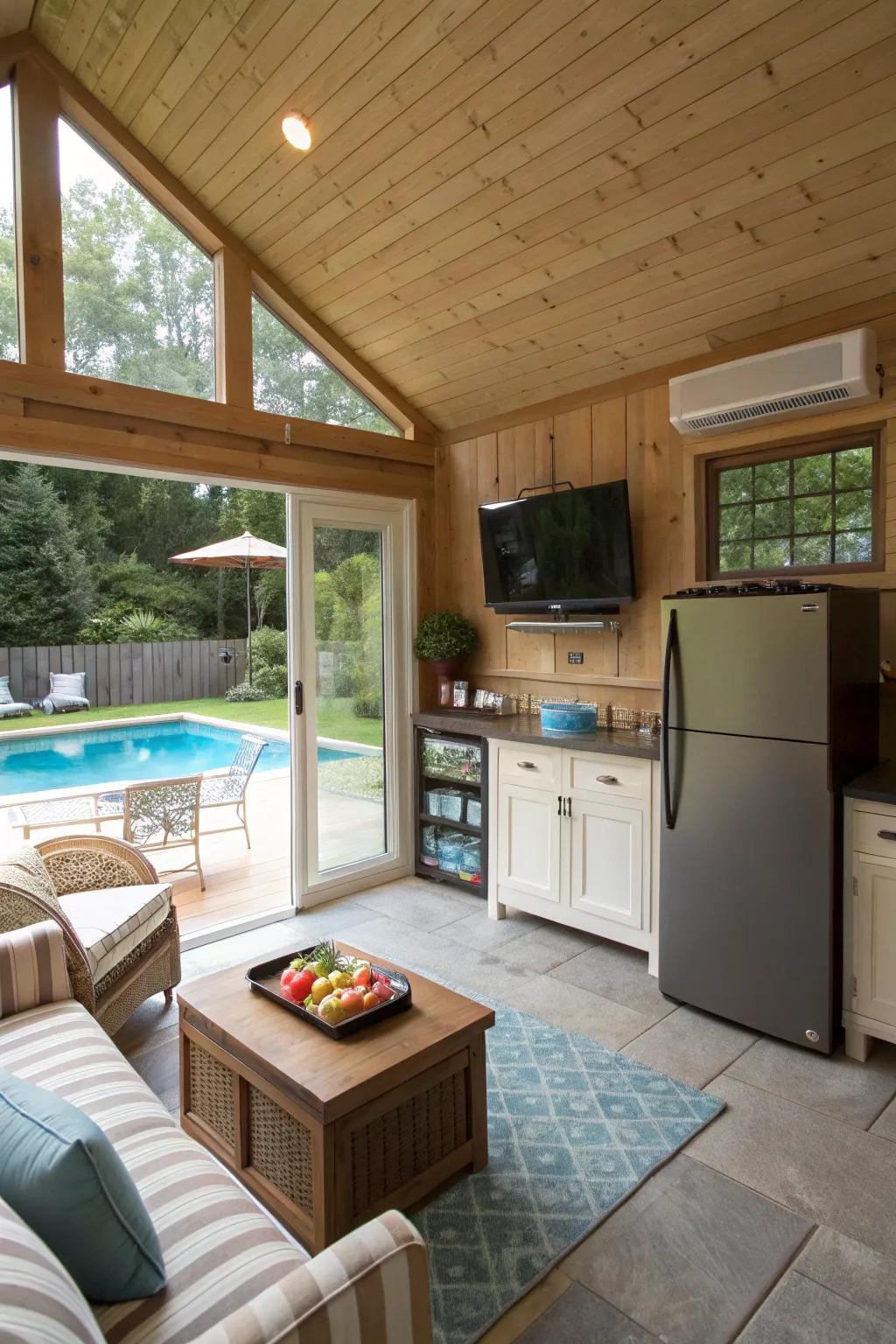 A compact pool house offering cozy and essential amenities.