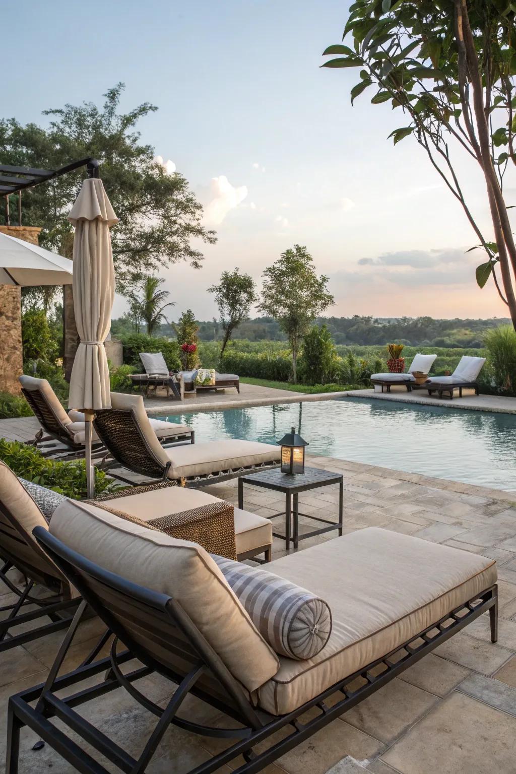 A cozy poolside lounge area with comfortable seating.