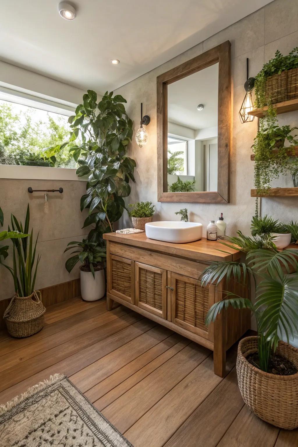 A powder room featuring natural elements like wood and greenery.