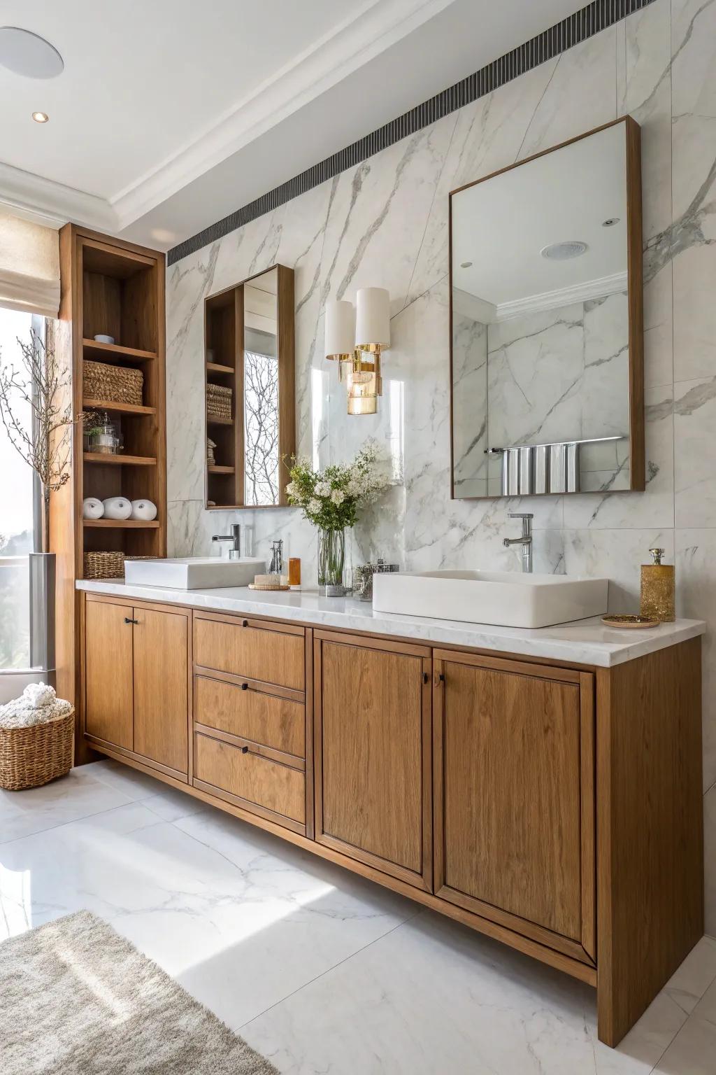 Wood accents add warmth and texture to your bathroom.