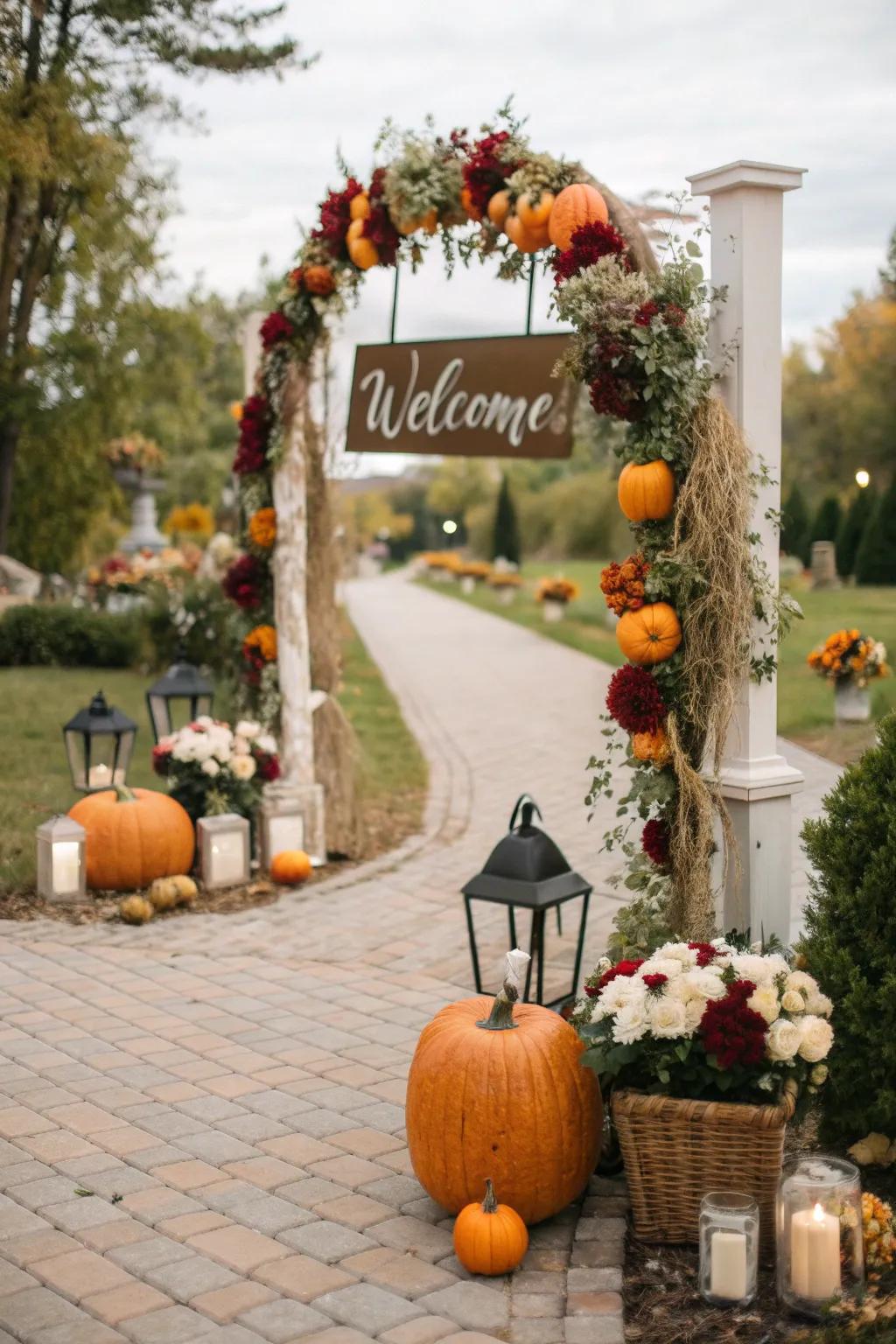 A welcoming entrance featuring pumpkins and signage.