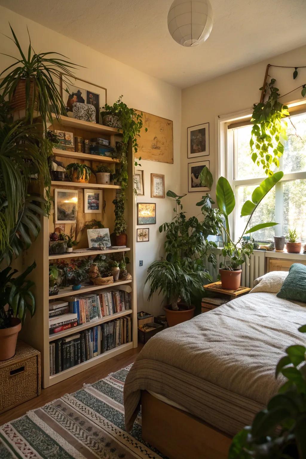 Personal touches with collectibles and plants enhancing the space.