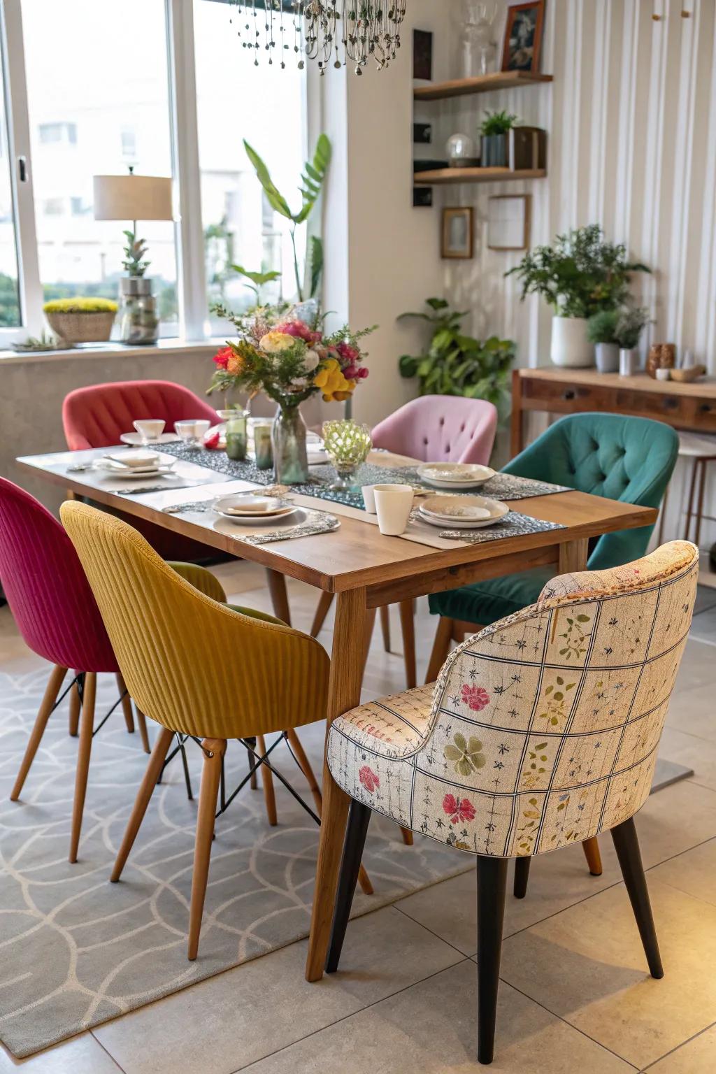 An eclectic dining setup with mixed chair styles.