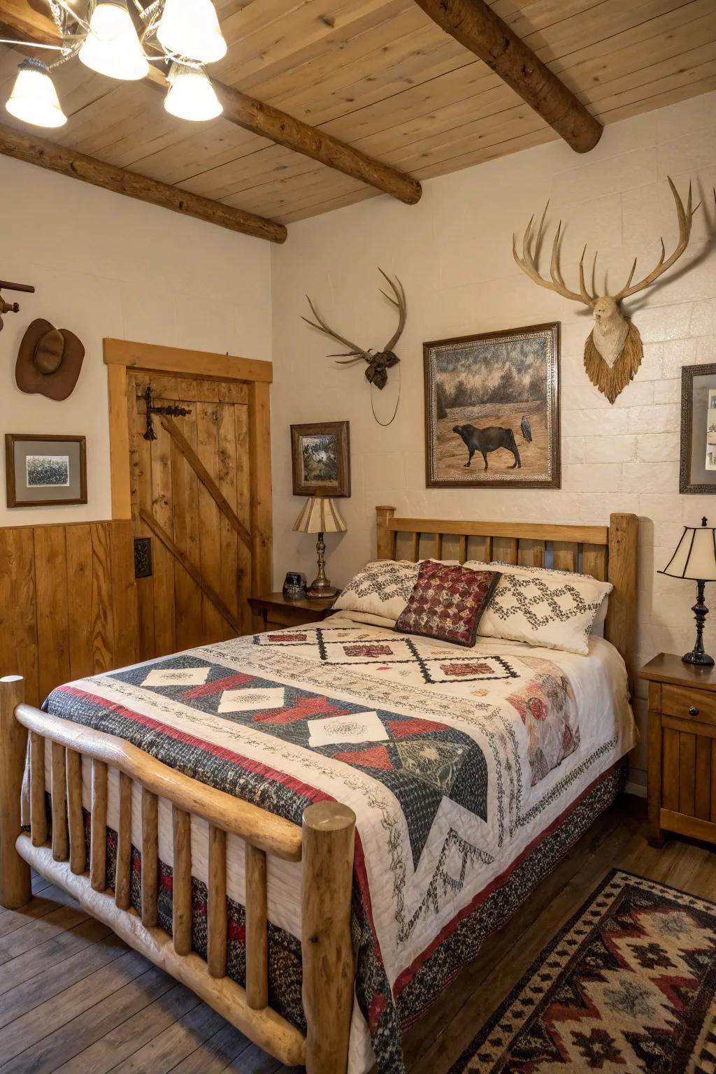 A rustic bedroom featuring antler decor and vintage art pieces.