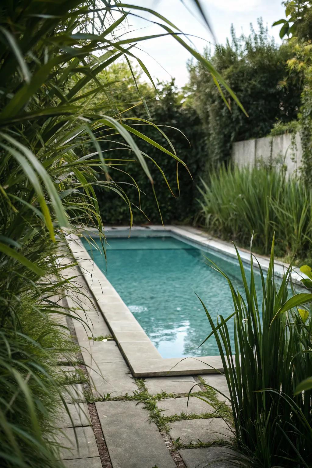 Tall greenery offers privacy and enhances the pool's seclusion.