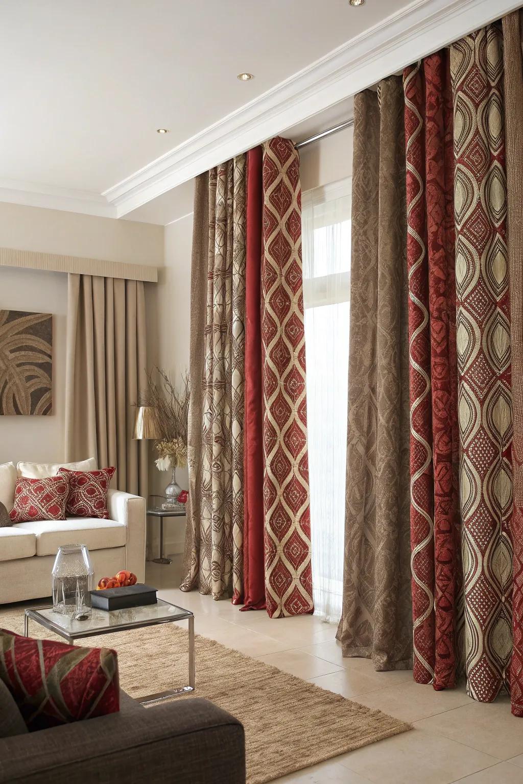 Patterned drapes add visual interest and style to a living room.