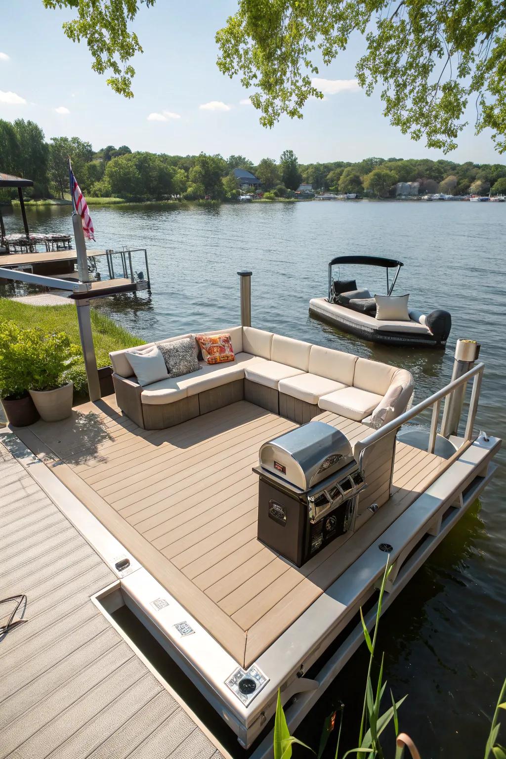 A dock with built-in features for entertaining and relaxation.